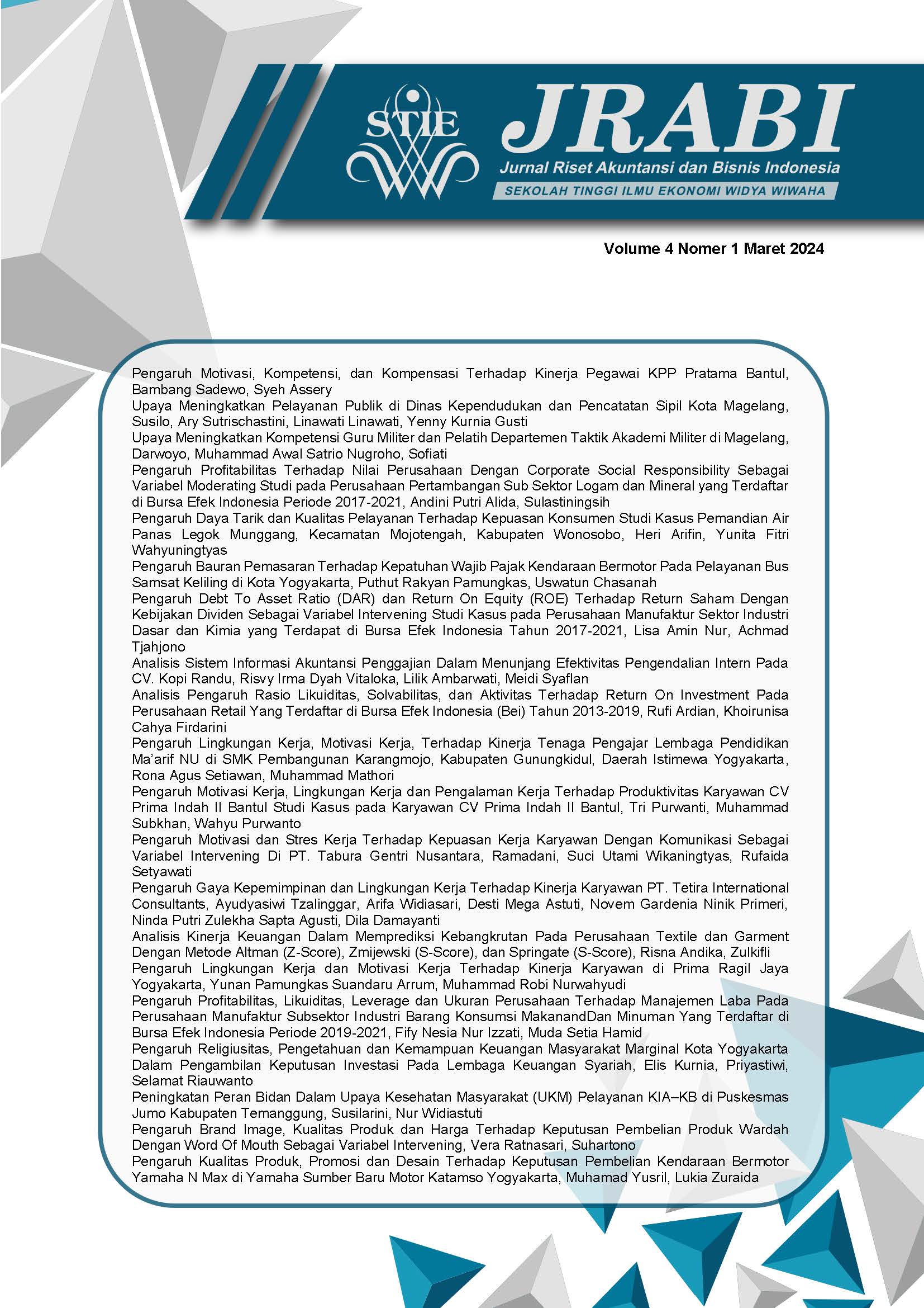 					View Vol. 4 No. 1 (2024): Jurnal Riset Akuntansi dan Bisnis Indonesia
				