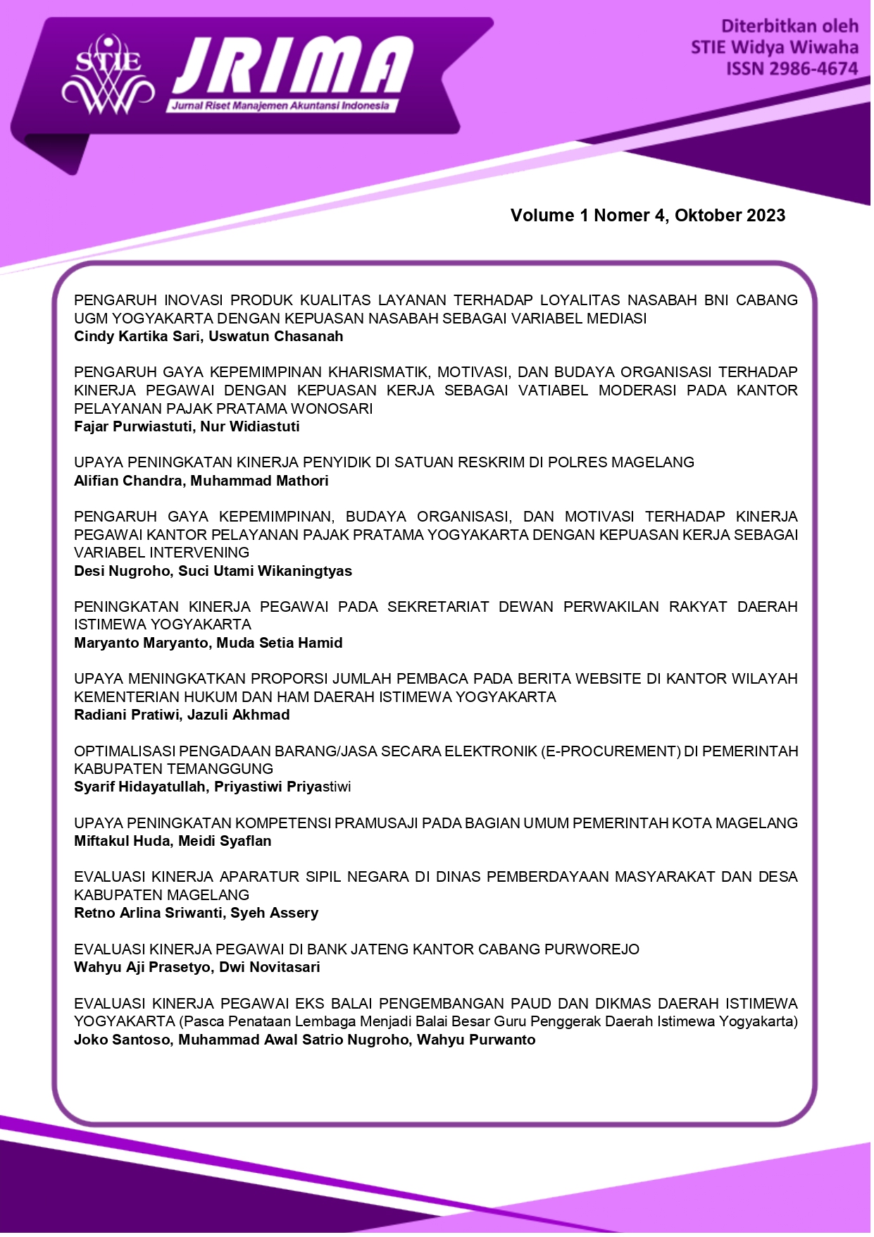 					View Vol. 1 No. 4 (2023): Jurnal Riset Manajemen Akuntansi Indonesia
				