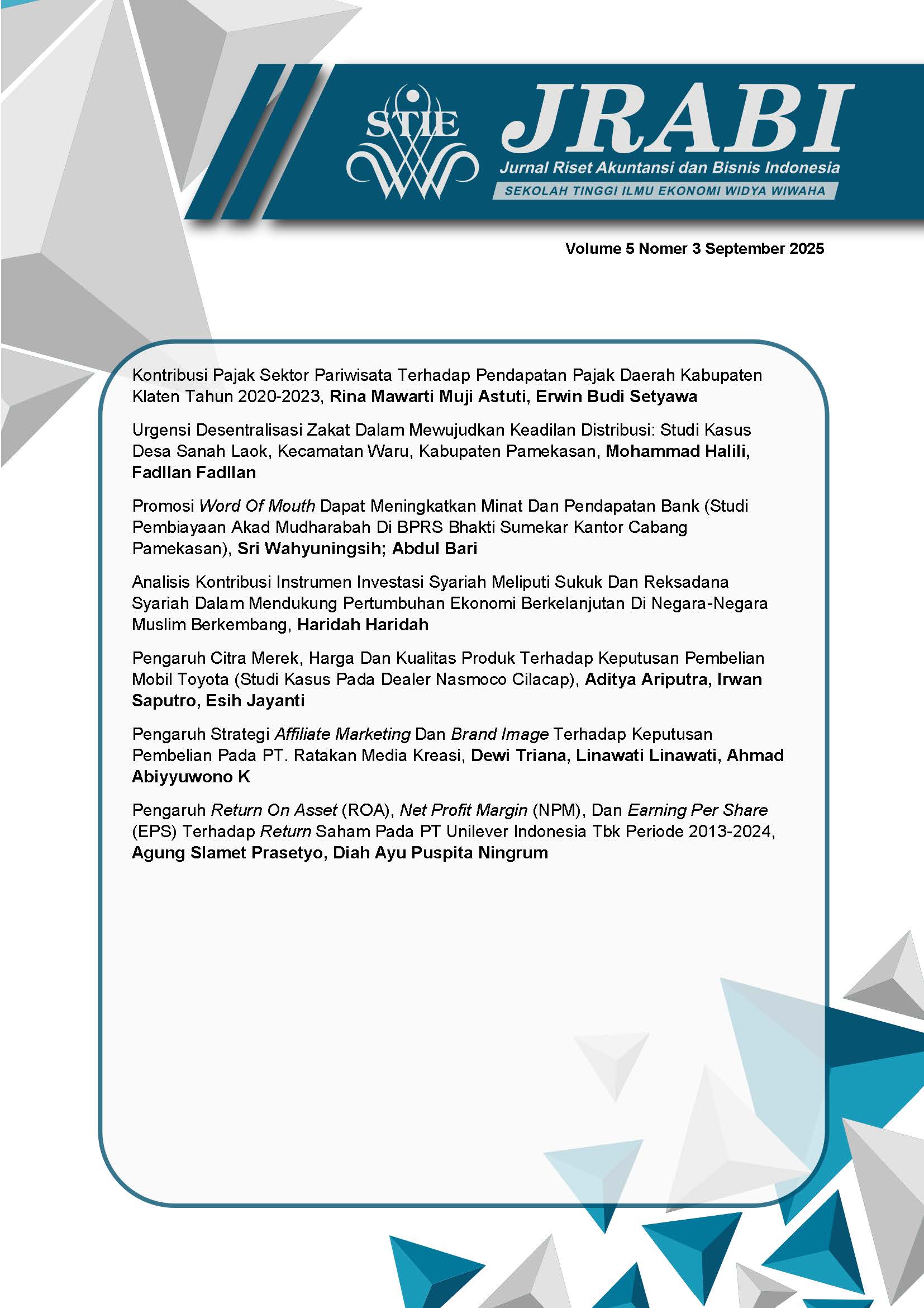 					View Vol. 5 No. 3 (2025): Jurnal Riset Akuntansi dan Bisnis Indonesia
				