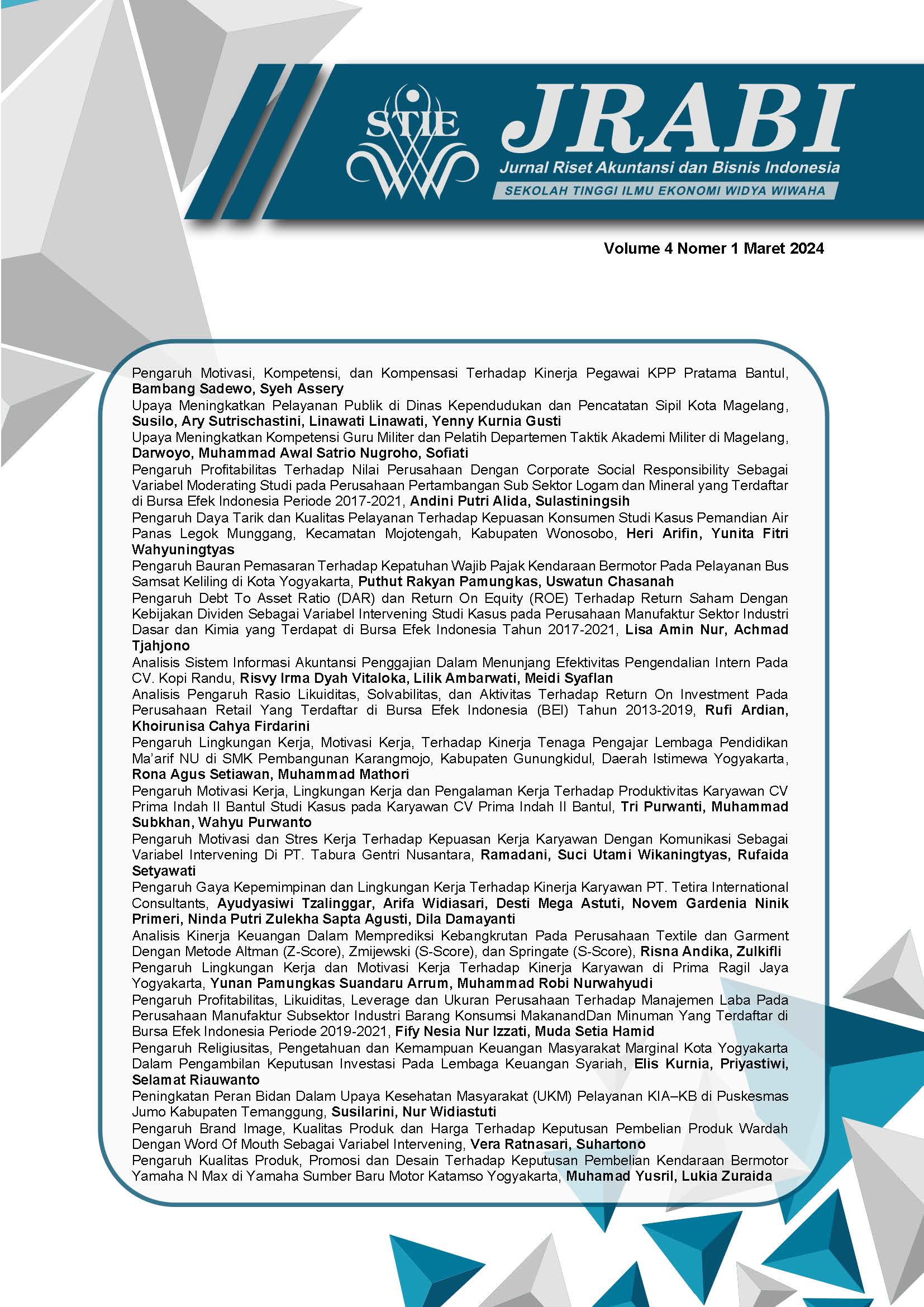 					View Vol. 4 No. 1 (2024): Jurnal Riset Akuntansi dan Bisnis Indonesia
				