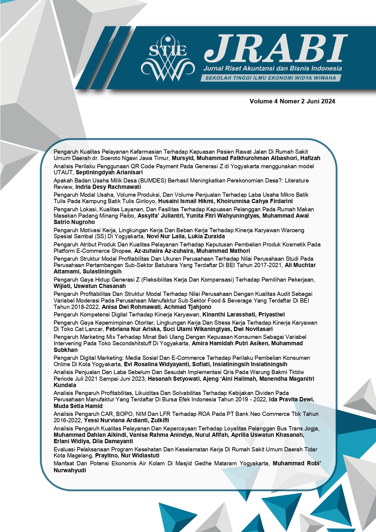 					View Vol. 4 No. 2 (2024): Jurnal Riset Akuntansi dan Bisnis Indonesia
				