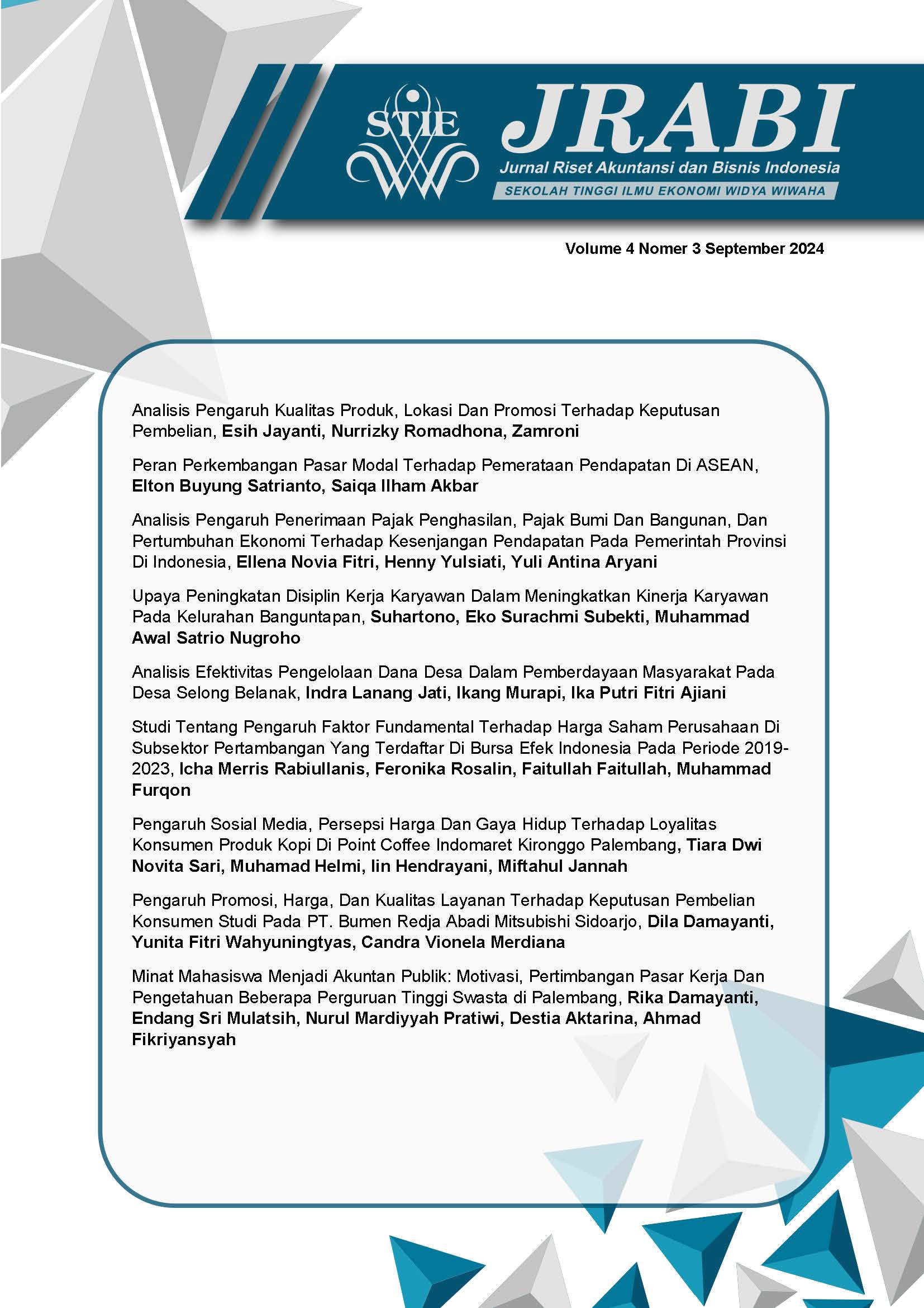 					View Vol. 4 No. 3 (2024): Jurnal Riset Akuntansi dan Bisnis Indonesia
				