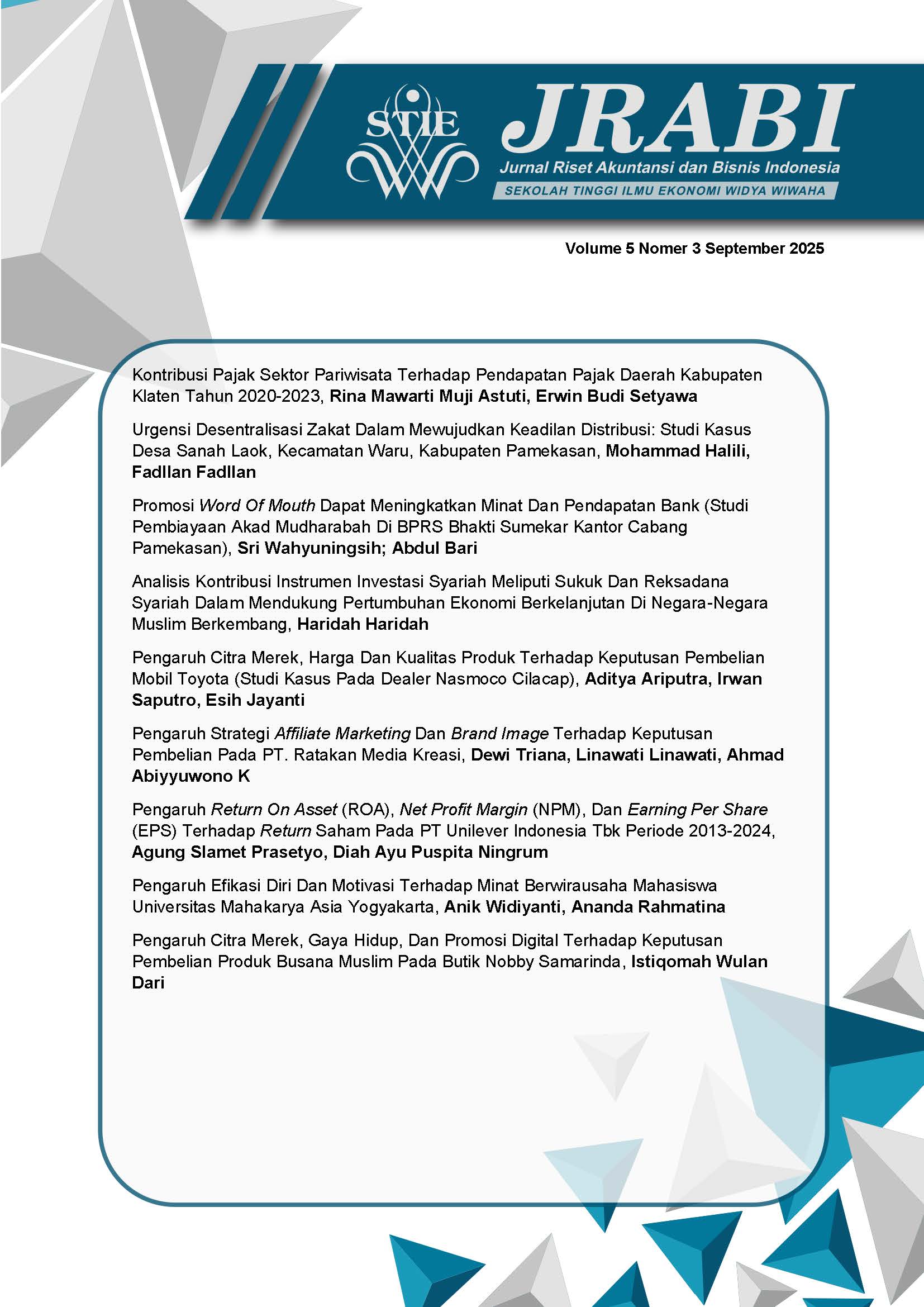 					View Vol. 5 No. 3 (2025): Jurnal Riset Akuntansi dan Bisnis Indonesia
				