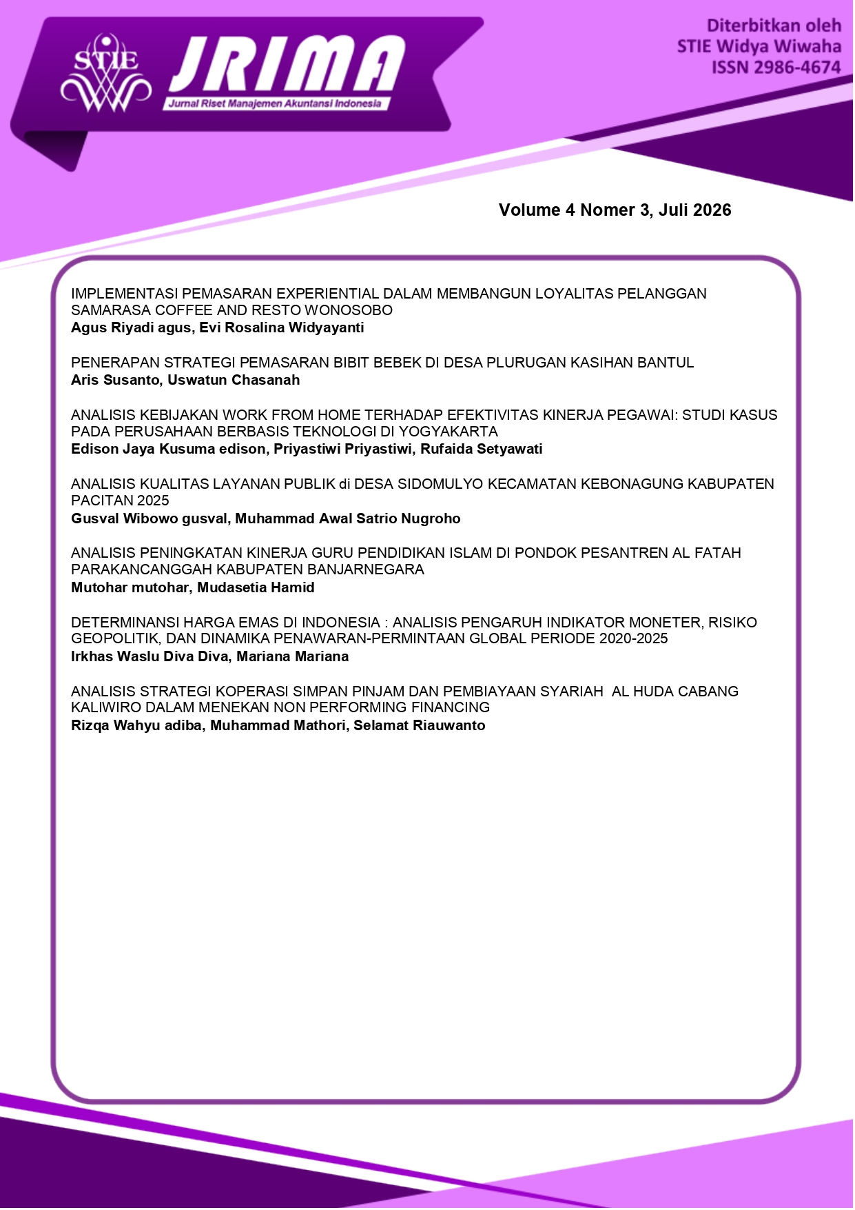 					View Vol. 4 No. 3 (2026): Jurnal Riset Manajemen Akuntansi Indonesia
				