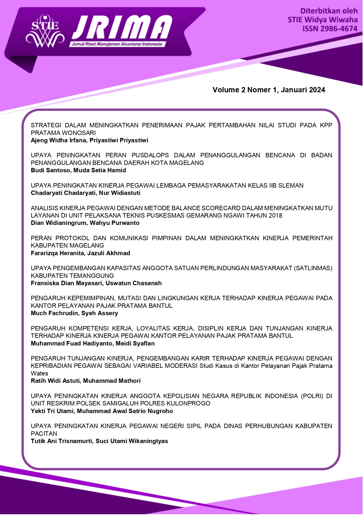 					View Vol. 2 No. 1 (2024): Jurnal Riset Manajemen Akuntansi Indonesia
				