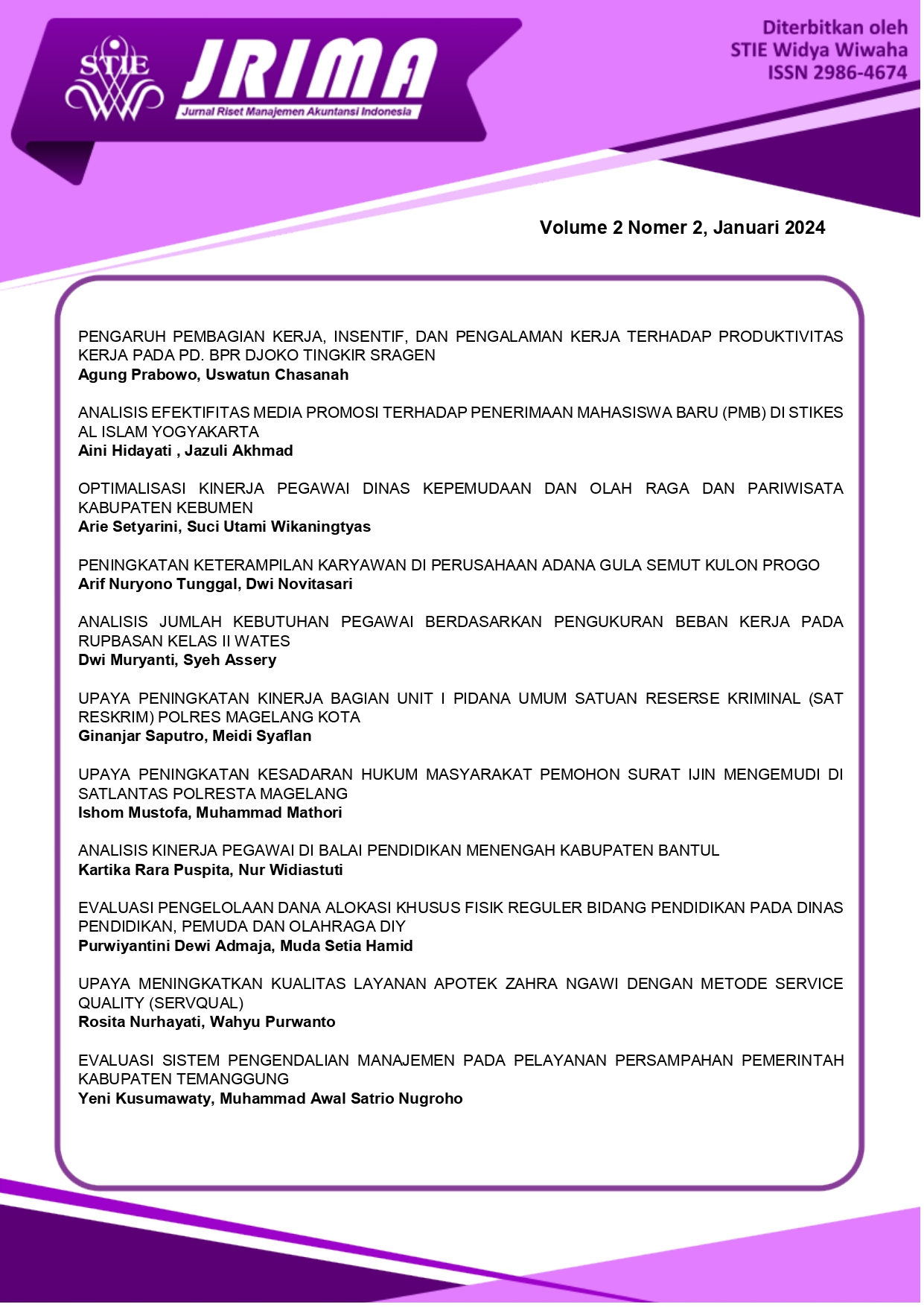 					View Vol. 2 No. 2 (2024): Jurnal Riset Manajemen Akuntansi Indonesia
				
