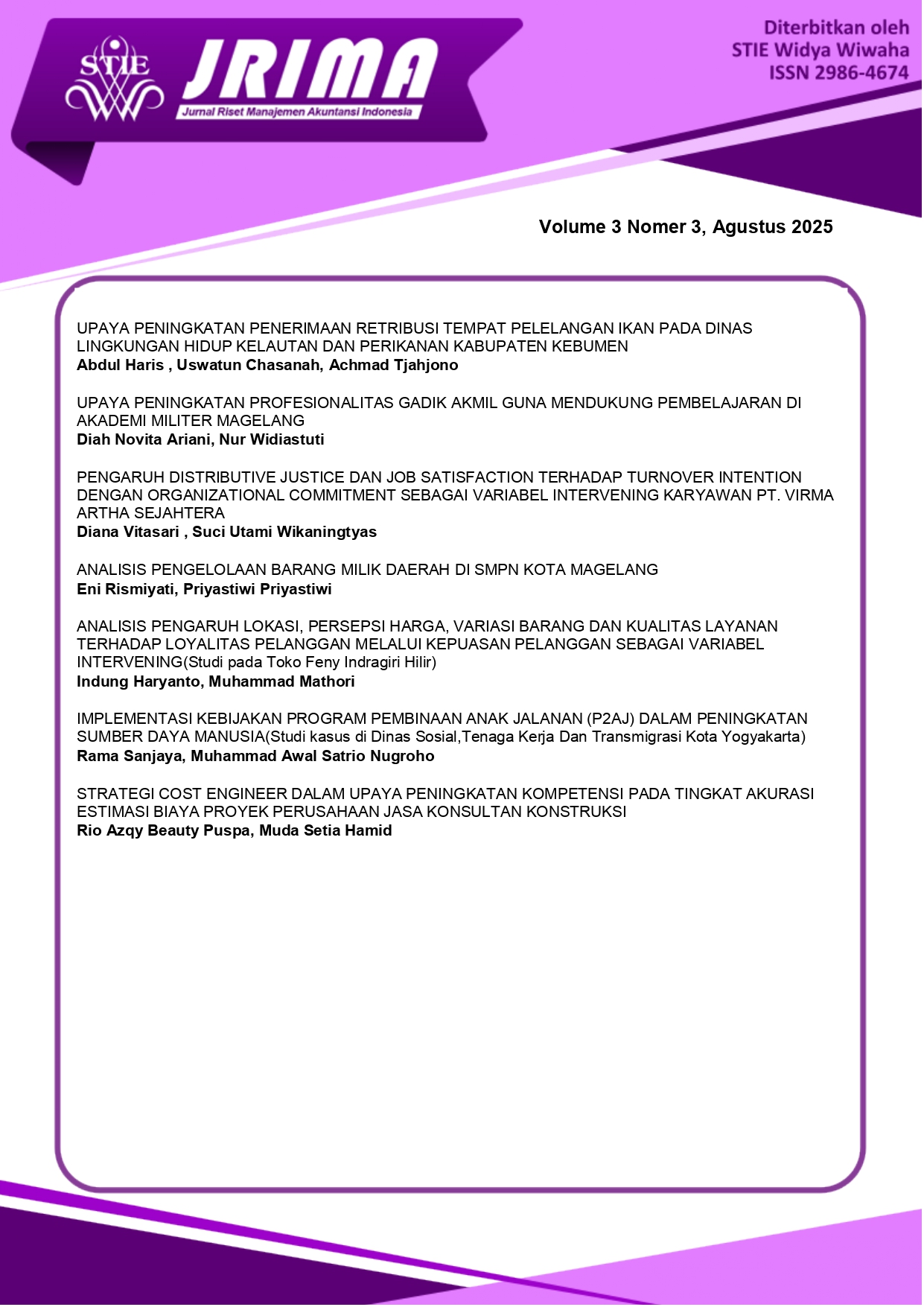 					View Vol. 3 No. 3 (2025): Jurnal Riset Manajemen Akuntansi Indonesia
				