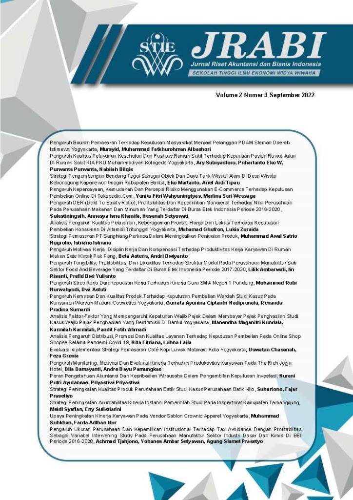 					View Vol. 2 No. 3 (2022): Jurnal Riset Akuntansi dan Bisnis Indonesia
				