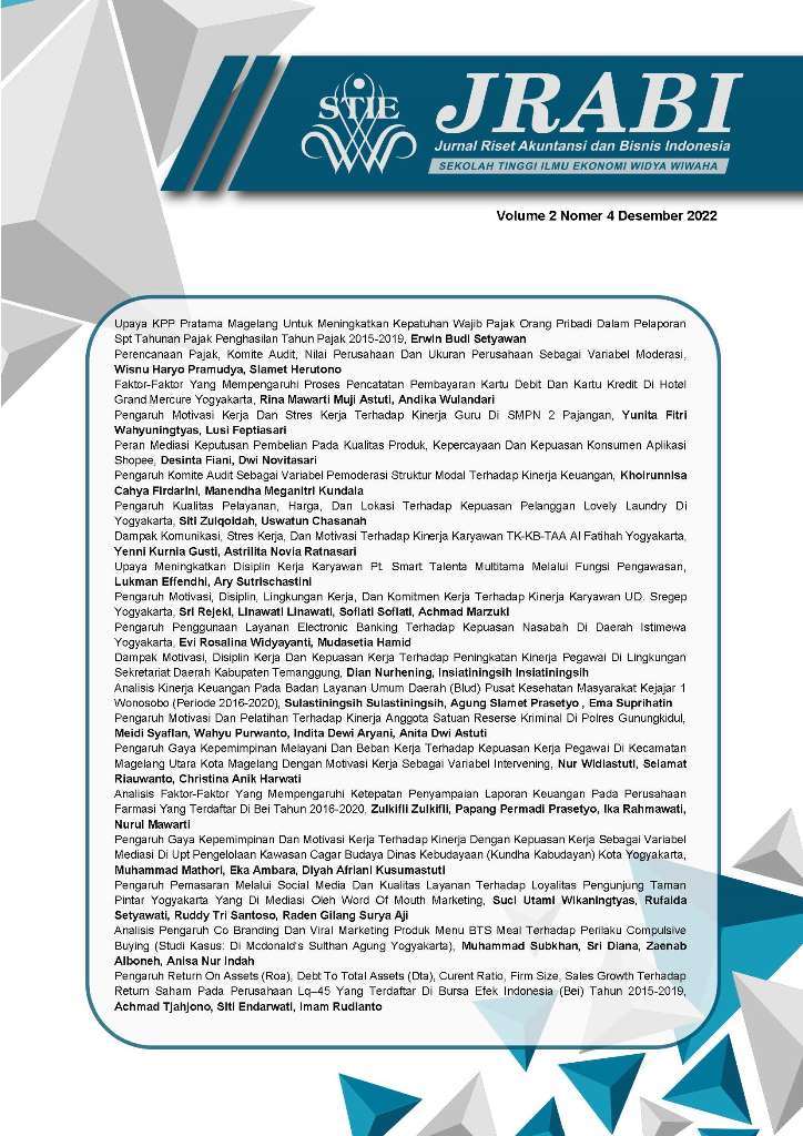 					View Vol. 2 No. 4 (2022): Jurnal Riset Akuntansi dan Bisnis Indonesia
				