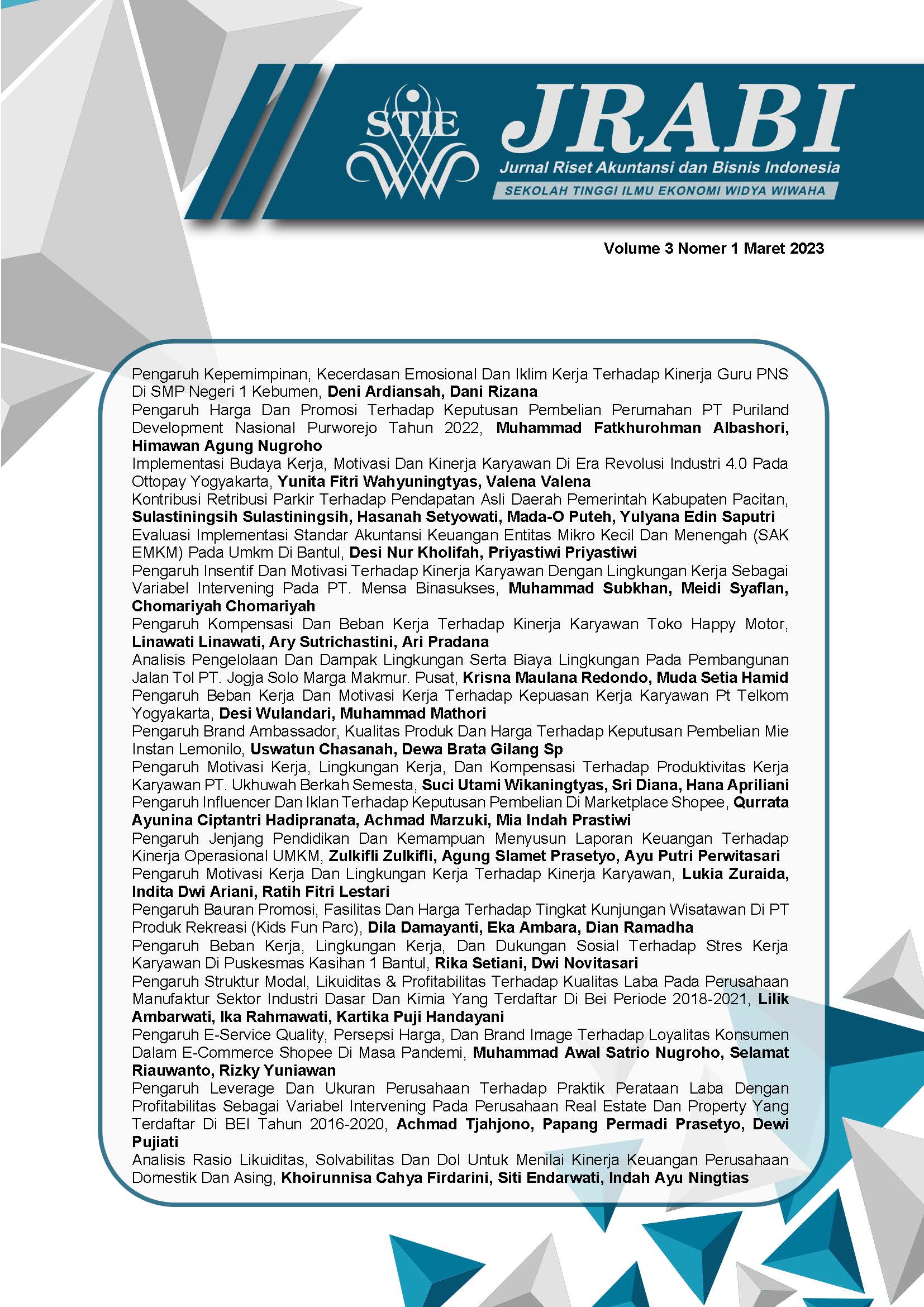 					View Vol. 3 No. 1 (2023): Jurnal Riset Akuntansi dan Bisnis Indonesia
				