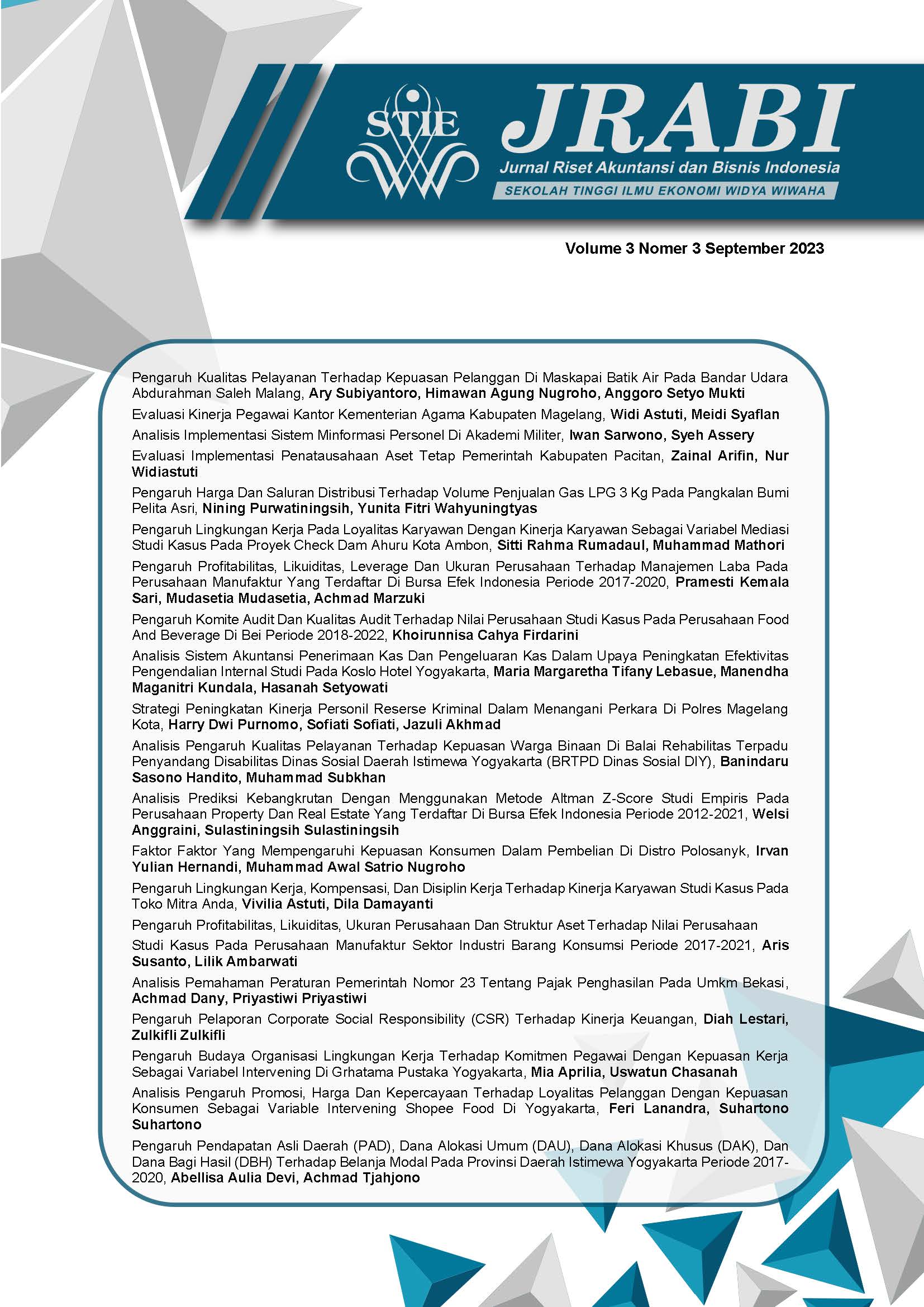 					View Vol. 3 No. 3 (2023): Jurnal Riset Akuntansi dan Bisnis Indonesia
				