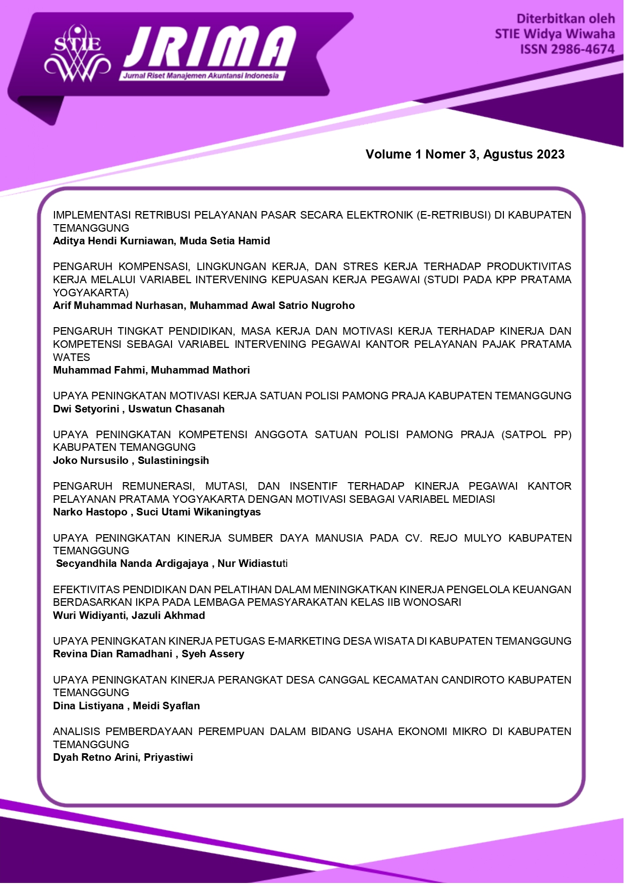 					View Vol. 1 No. 3 (2023): Jurnal Riset Manajemen Akuntansi Indonesia
				